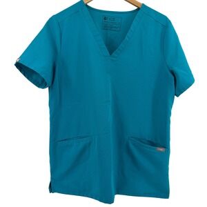 FIGS Technical Collection Teal Blue V-Neck Scrub‎ Top Womens Medium Short Sleeve